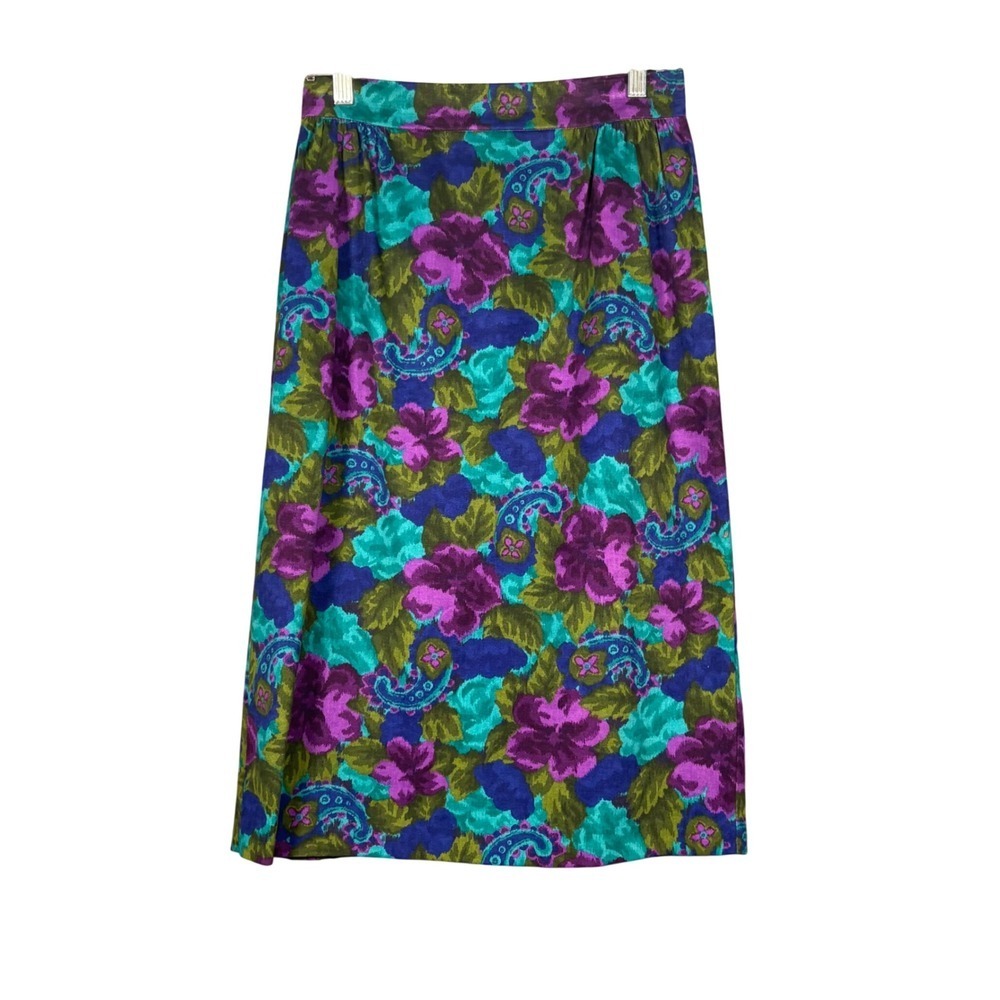 Vintage Floral Paisley Midi Skirt Purple Teal Cotton High Waist Made in USA 9/10